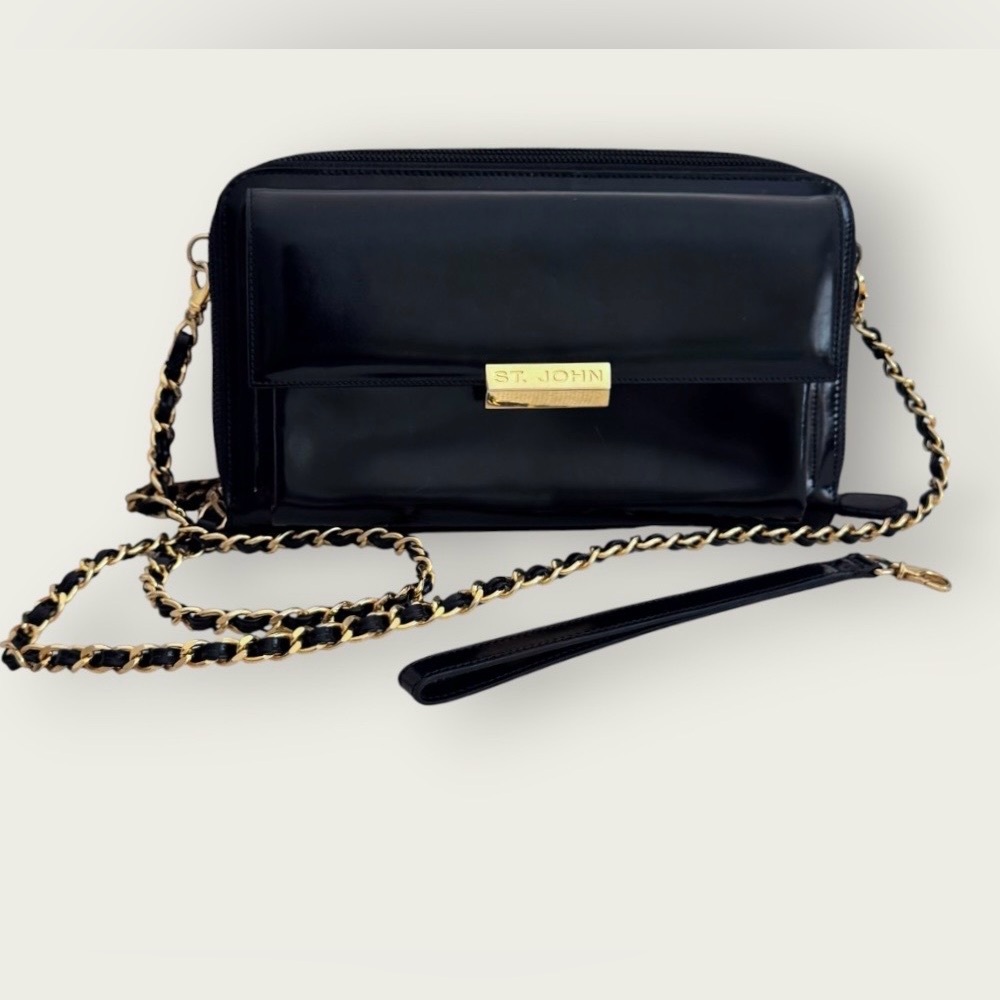 St John Black Patent Leather Wallet Clutch Crossbody Chain Strap Vintage